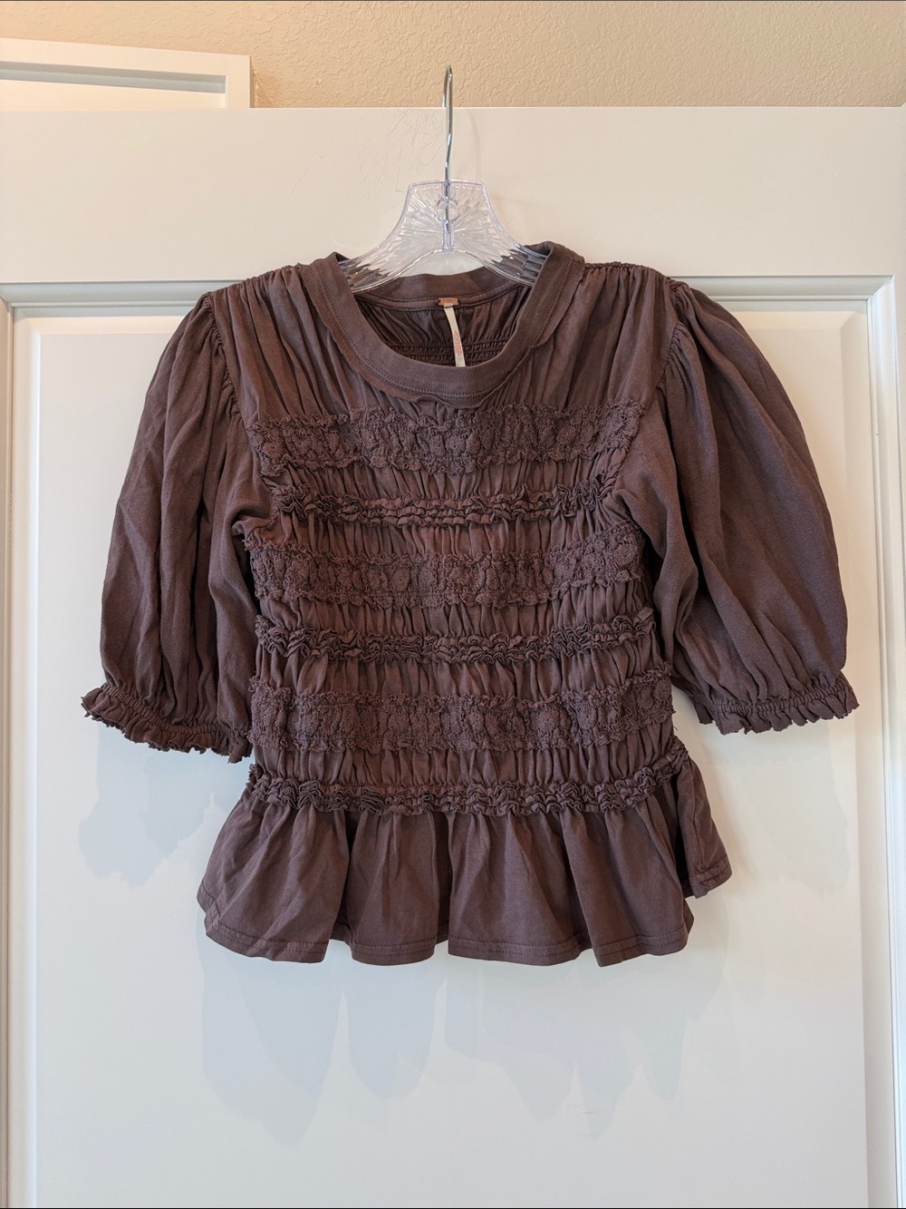 Free People Chocolate Brown Smocked Peplum Blouse - NWT Size S